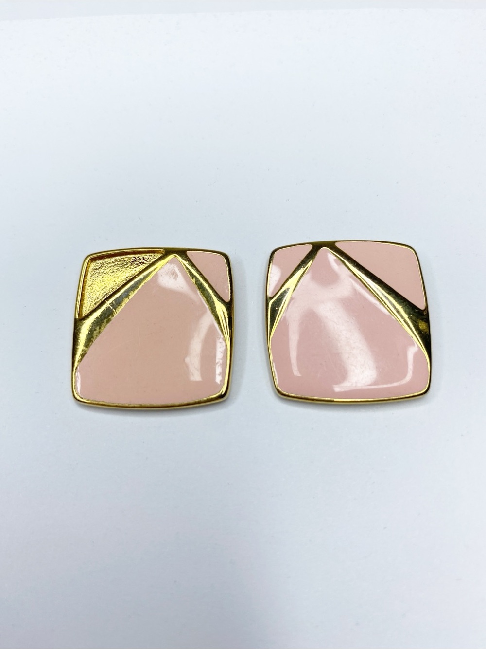 Vintage 1980’s Pink Enamel Geometric Statement Earrings Gold Tone
